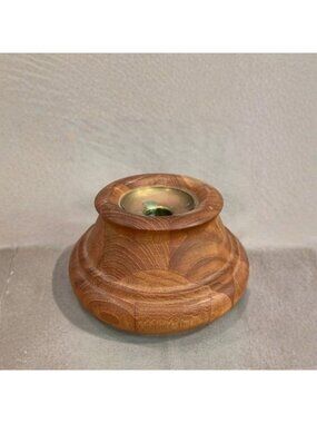 Vintage Dansk Staved Teak Candle Holder with Brass Insert
